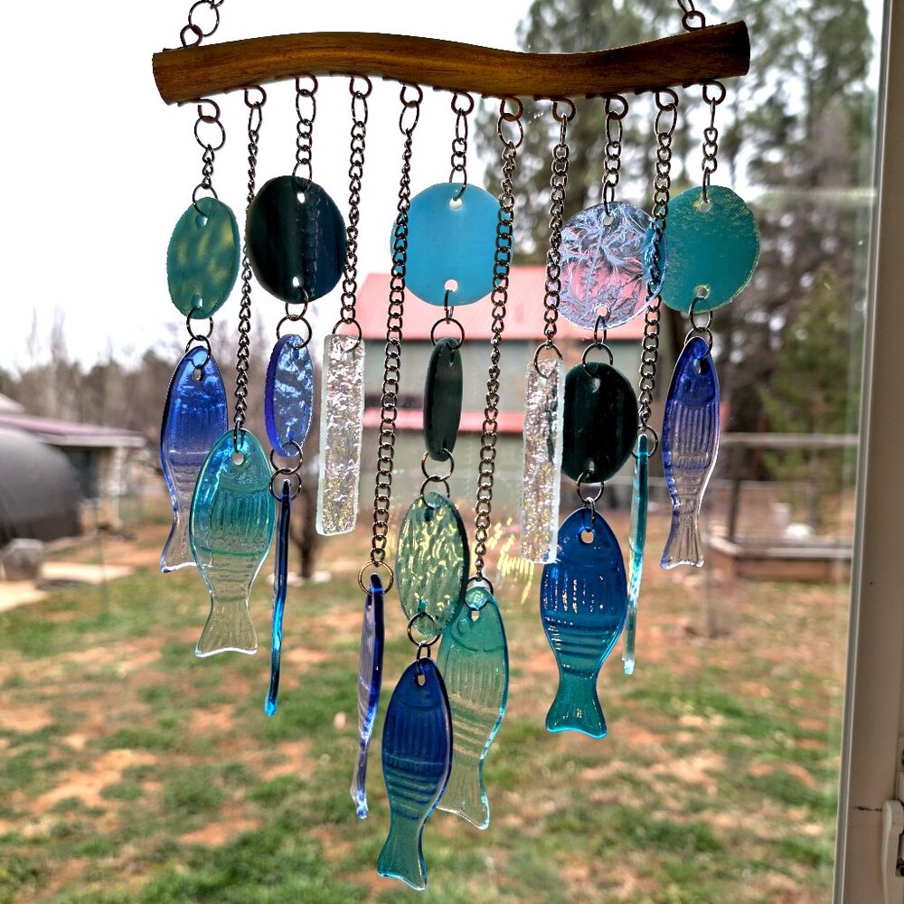 Stunning Stained Glass & Blue Glass Fish Wind Chime - Beach Decor - Picture 3 of 14